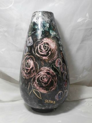 Vintage Sascha Brastoff Signed Black Vase With Pink & Green Floral Design 10 "