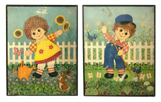 Vintage Pair Raggedy Ann & Andy In The Garden 12 " X 15 " Wooden Plaques By Lyn