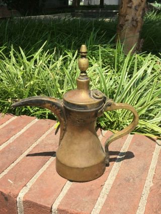 Antique Hand Decorated Brass Tea/coffee Pot Arabic Dallah Middle East 10 Inches