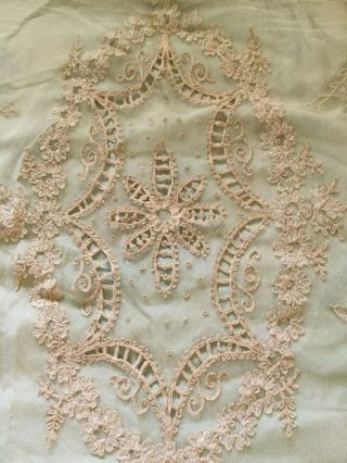 Vintage Tambour Net Lace Over Taffeta Bedspread Coverlet With Drop - Antique
