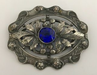 Huge Antique Detailed Sterling Silver Art Nouveau Floral Blue Rhinestone Brooch