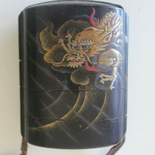 Antique Edo Japanese Black Lacquer Inro And Netsuke