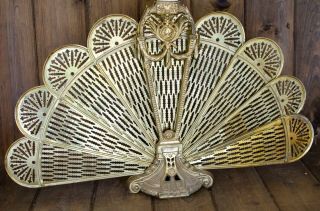 Antique Ornate Brass Peacock Fireplace Fan Folding Screen Art Deco