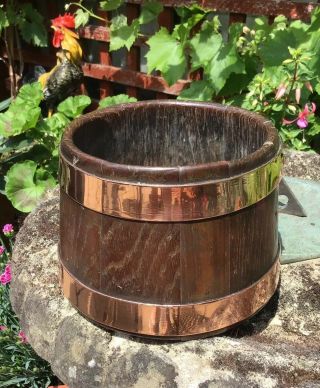 5 " Antique Wood With Copper Bands Planter Jardiniere Stamped Jw To Base