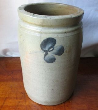 Antique BALTIMORE Blue Decorated Stoneware CROCK CLOVERS THREE Sides 1 Gallon 7