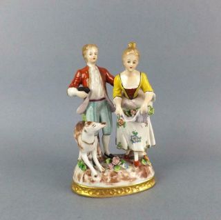Antique Porcelain Sitzendorf Romantic Figurine Of Couple With Flowers And Dog