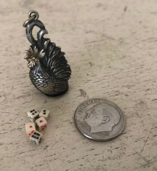 Vintage Antique Silver & Gold Chinese Rooster Pendant Charm W/ 5 Miniature Dice