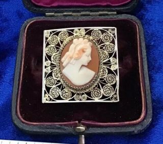 Antique Edwardian Real Silver & Hand Carved Shell Cameo Set Brooch