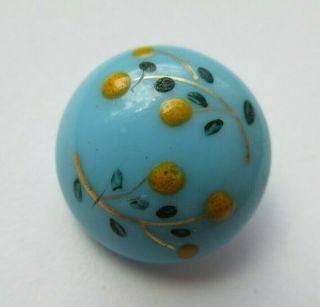 Lovely Antique Vtg Turquoise Glass Button W/ Painted Enamel Flowers 3/4 " (n)
