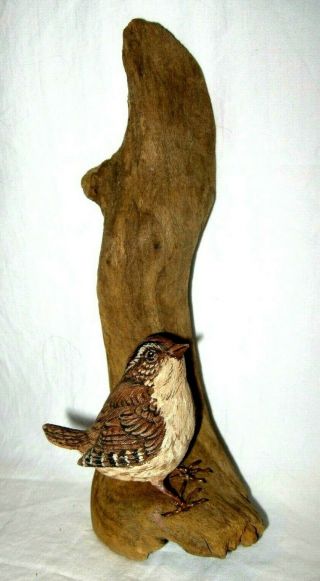 Antique Carved Bird Wren Folk Art Wood Carving Decoy Signed Robert Wells
