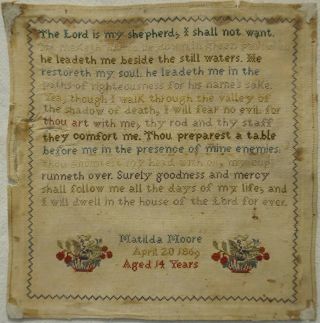 Very Small Mid/late 19th Century Xxiii Psalm Sampler By Matilda Moore - 1869