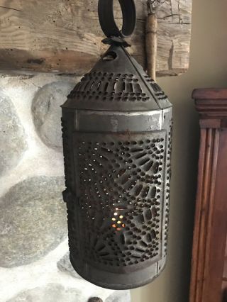 Antique 19th C Pierced Punched Tin Candle Lantern