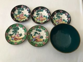 Vtg Antique Chinese Floral 5 Small Plates & 1 Bowl Enamel Plate Hand Painted