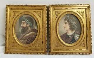 Pair Antique French Framed Hand Colored Lithograph Prints Alcibiades Gilt Frames