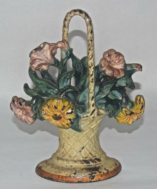 Antique Hubley Cast Iron Painted Floral Basket Door Stop 120