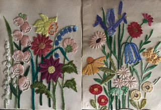 Two Gorgeous Vintage Hand Embroidered Picture Panels Garden Florals