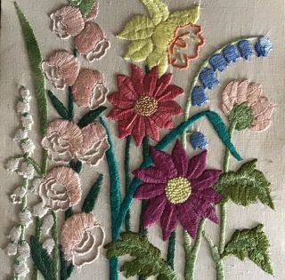 TWO GORGEOUS VINTAGE HAND EMBROIDERED PICTURE PANELS GARDEN FLORALS 2