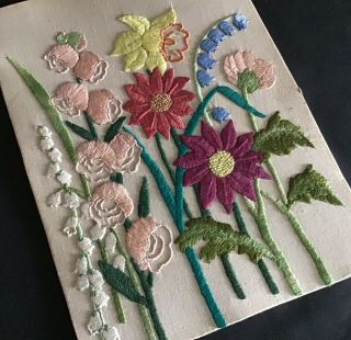 TWO GORGEOUS VINTAGE HAND EMBROIDERED PICTURE PANELS GARDEN FLORALS 3