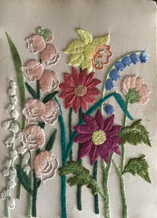 TWO GORGEOUS VINTAGE HAND EMBROIDERED PICTURE PANELS GARDEN FLORALS 4