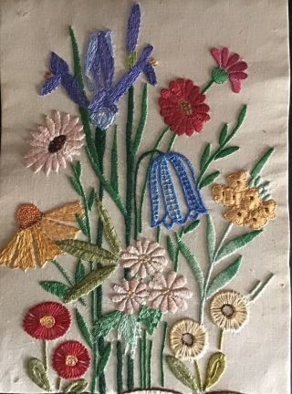 TWO GORGEOUS VINTAGE HAND EMBROIDERED PICTURE PANELS GARDEN FLORALS 7