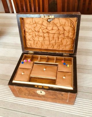 Lovely Victorian Walnut Sewing / Work / Jewelry Box With Key