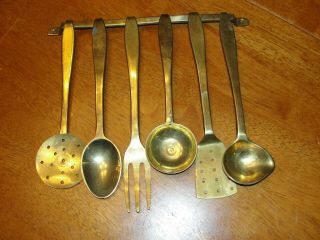 Vintage Large Solid Brass Kitchen Utensil Set Of 7 Wall Rack - Sppon Fork Ladle