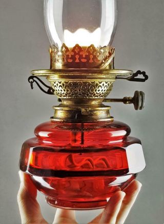 Youngs Cranberry Cut Glass Kerosene Paraffin Raiser Duplex Burner Oil Lamp