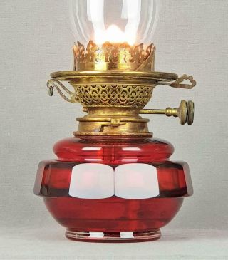 Youngs Cranberry Cut Glass Kerosene Paraffin Raiser Duplex Burner Oil Lamp 2