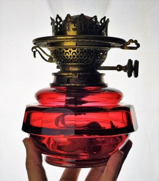 Youngs Cranberry Cut Glass Kerosene Paraffin Raiser Duplex Burner Oil Lamp 4