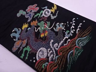 89449 Japanese Kimono / Antique Nagoya Obi / Wave With Cloud & Dragon