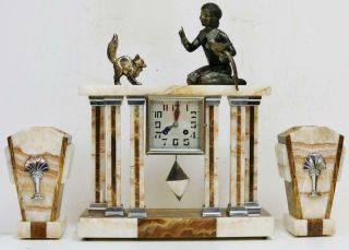 Antique French 8day Art Deco Mantel Clock Set Marble Portico Bell Striking Clock