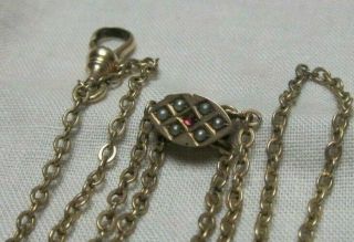 Antique Victorian? Rolled Gold 48 " Watch Chain With Ruby And Pearl Slide Signed