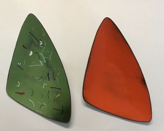 2 Vintage Mid Century Enameled Copper Plate Triangle Orange & Green Dish Art