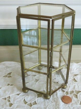 Vintage Brass Glass Display Curio case Jewelry Casket Double Doors 2