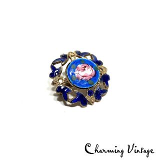 Vintage Antique Blue Enamel Hand Painted Floral Small Pin Brooch