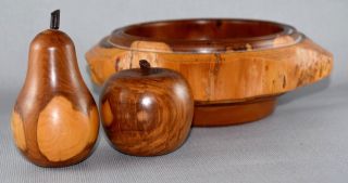 Vintage Yew Wood Fruit Bowl With Apple And Pear