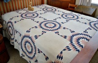 Antique C 1850 Touching Stars All Hand Quilted @ 10 Spi Quilt,  98 " X 96”