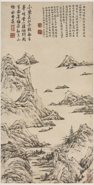 Chinese Old Scroll Painting Water Mountain Landscape Looking For Plum After Snow