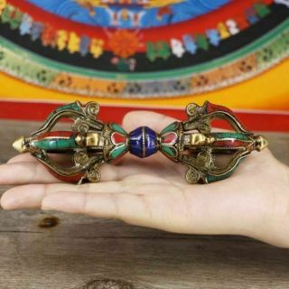 Chinese OLD Tibetan Buddhism Pure Copper Handmade Inlaid Gems Vajra Implement 2
