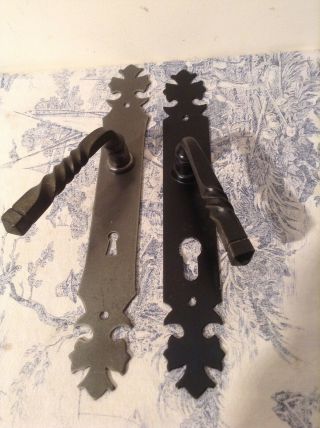 Pair Vintage French Wrought Iron Style Door Handles & Finger Plates (3921)