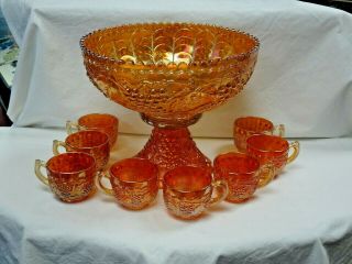 Antique Imperial Grape Carnival Glass Marigold Punch Bowl With Base & 8 Cups
