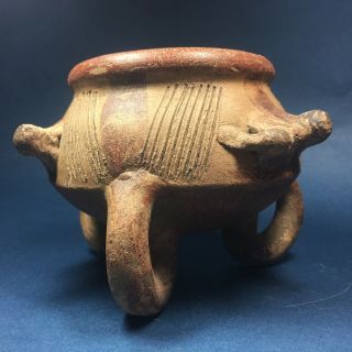 Pre - Columbian Costa Rican Pottery Polychrome Hoop Tripod Redware Clay Bowl Lions