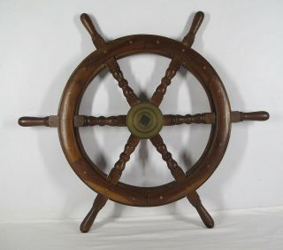 Vintage 30 " Wooden Six Spoke Ships Wheel Brass Center Shabby Chic Yqz