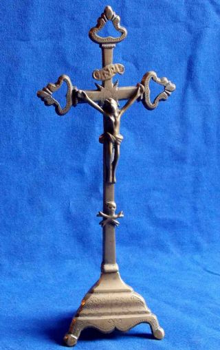 Rare & Untouched Late 17th Century French Brass Standing Crucifix Circa 1700
