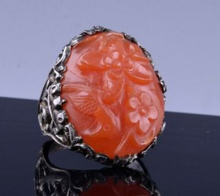 Large Antique Chinese Qing Dynasty Silver & Carnelain Agate Stone Ring