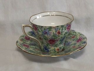 Vintage Rosina Bone China Teacup And Saucer.  Blue And Pink Chintz Pattern