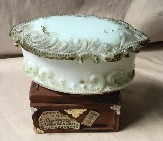 Antique Milk Glass Oval Trinket Box W/ Lid Vanity Jar Victorian Vintage Heart