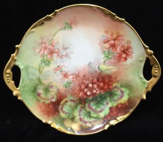 Plate Jbl Porcelain Red Geranium Flowers Curved Dish W/ Handles Antique 1906