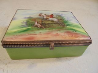 Antique Porcelain Dresser Box,  Hunting,  Horse & Hound,  Fox