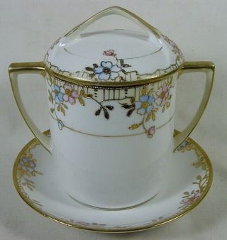 Antique Hand Painted/gold Trimmed Porcelain Condensed Milk Jar W/lid & Plate